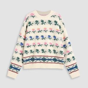 Cider Cream Floral Crewneck Sweater with Multi-Color Accents